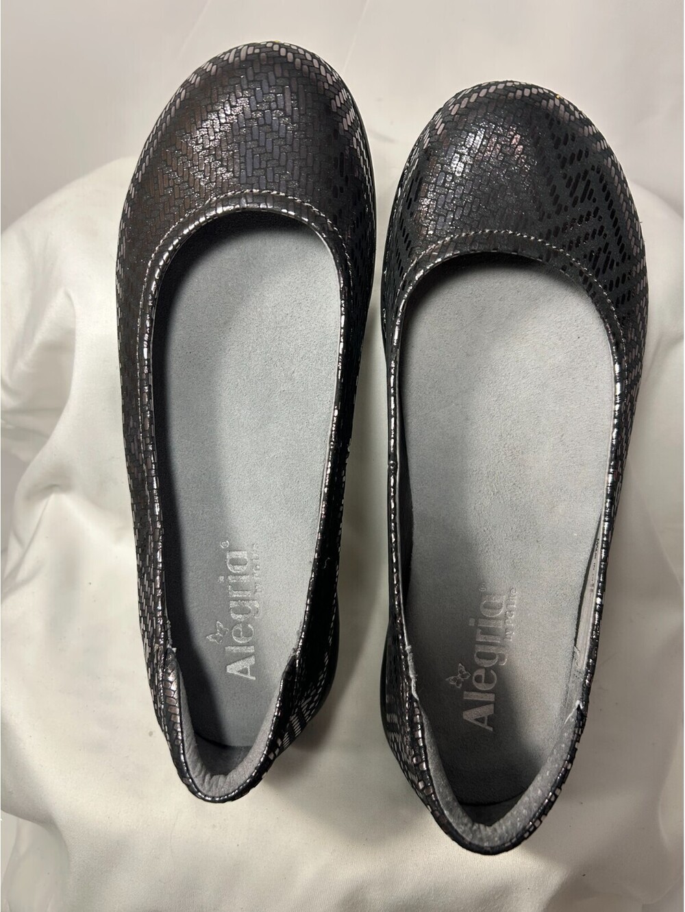 Alegria Petal Pewter Dazzler Ballet Flats Black Silver Woven Leather Comfort 7.5